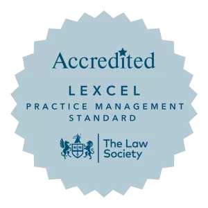 Acredited LEXCEL Practice Management Standard Issued by the Law Society. Rosette in blue.